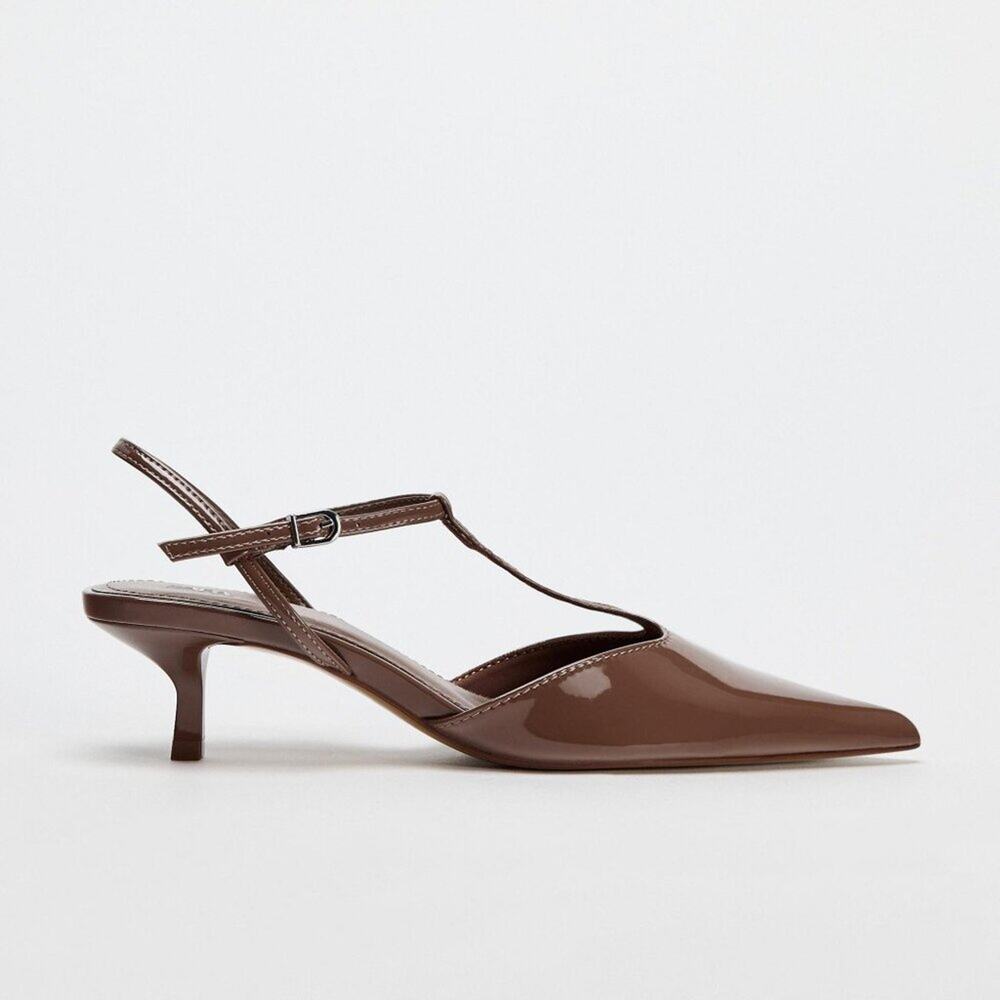 Zara NWT Brown Patent T Strap Slingback Pointed Toe Kitten Heels 9 10 - Picture 15 of 16